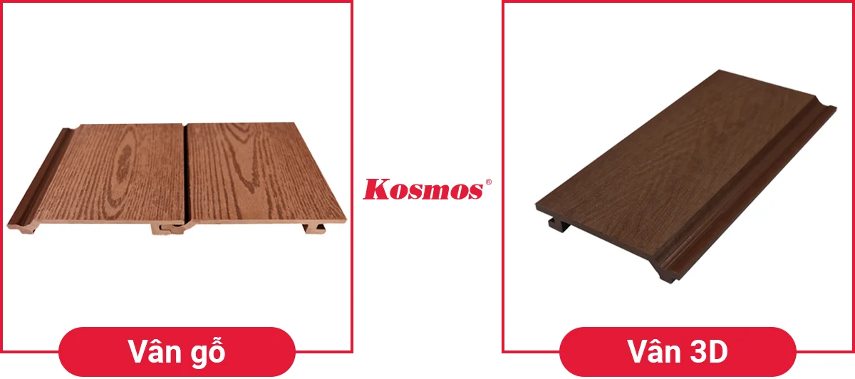 Tấm ốp gỗ nhựa Kosmos vân gỗ và vân 3D.