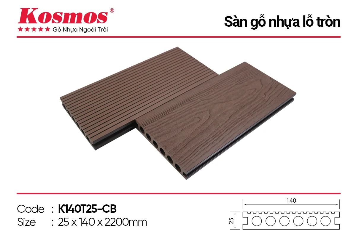 Sàn gỗ nhựa lỗ tròn Kosmos, vân 3D, màu Copper Brown.