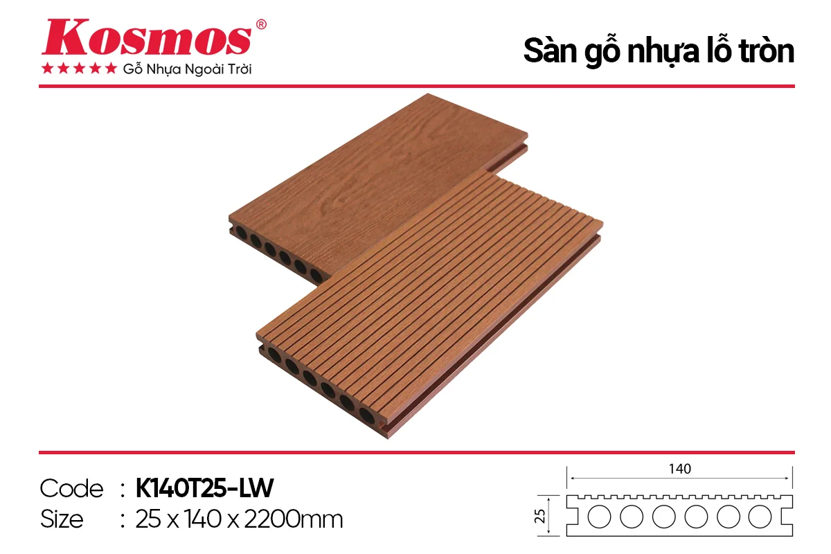 Sàn gỗ nhựa lỗ tròn Kosmos, vân 3D, màu Light Wood.